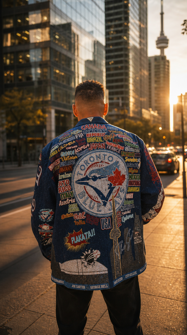 Wearing the hand-beaded jacket on a downtown street at sunset